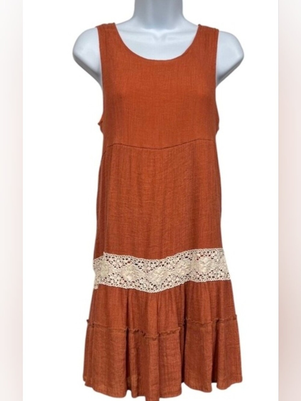 Coco + Carmen Rust Sleeveless Tiered Midi Dress with Cream Crochet Trim XXL